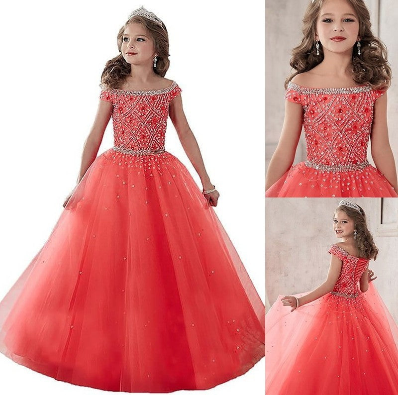 Gown Tulle Ball Floor-Length Sleeveless Beading Off-the-Shoulder Flower Girl Dresses