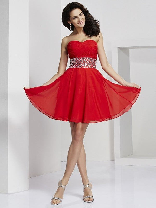 Short A-Line/Princess Sweetheart Rhinestone Sleeveless Chiffon Homecoming Dresses