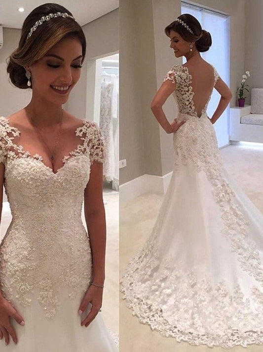 Sweep/Brush Sleeves Short Sweetheart Train Trumpet/Mermaid Lace Wedding Dresses