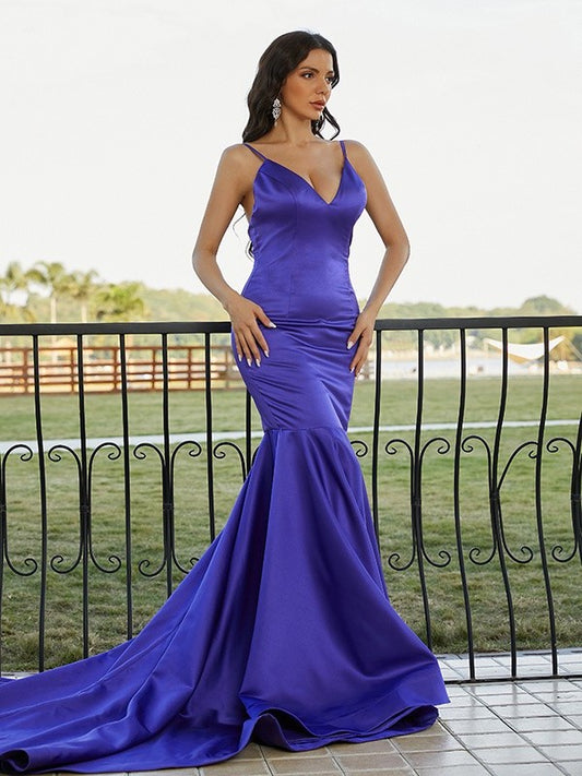 Trumpet/Mermaid Sleeveless Satin V-neck Ruffles Sweep/Brush Train Dresses