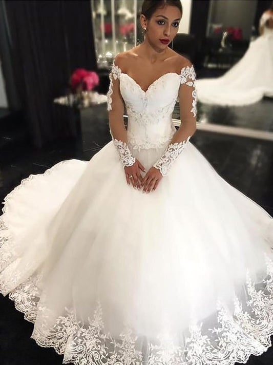 Tulle Applique Ball Gown Off-the-Shoulder Long Court Sleeves Train Wedding Dresses