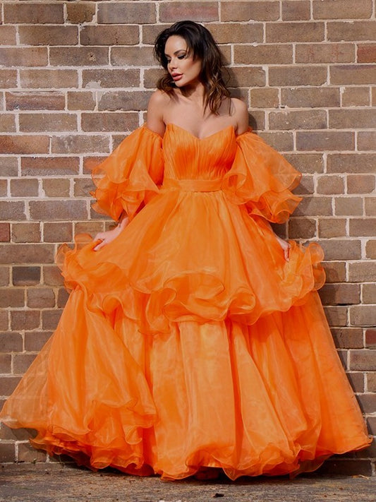 Long A-Line/Princess Off-the-Shoulder Layers Organza Sleeves Floor-Length Dresses