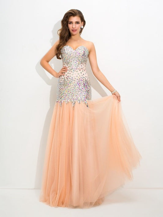 Trumpet/Mermaid Beading Sleeveless Sweetheart Long Net Dresses