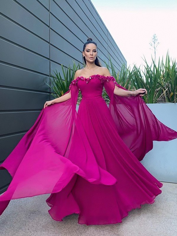 Long A-Line/Princess Sleeves Chiffon Floor-Length Ruffles Off-the-Shoulder Dresses