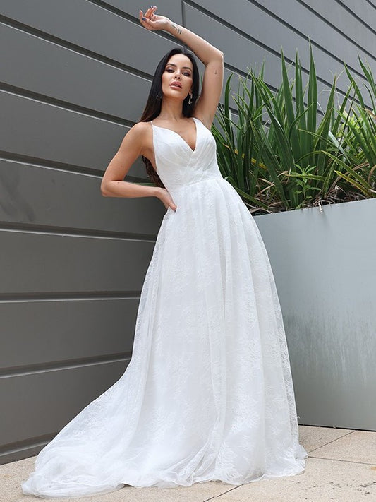 V-neck Lace Sleeveless Ruched A-Line/Princess Sweep/Brush Train Wedding Dresses