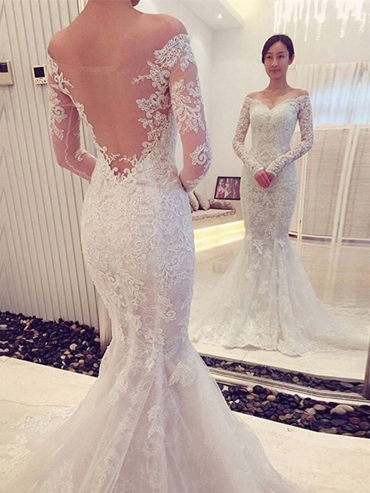 Sleeves Trumpet/Mermaid Off-the-Shoulder Chapel Long Lace Train Wedding Dresses