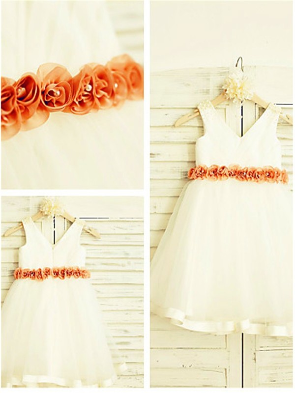 Hand-made Tea-Length A-line/Princess V-neck Flower Tulle Sleeveless Flower Girl Dresses