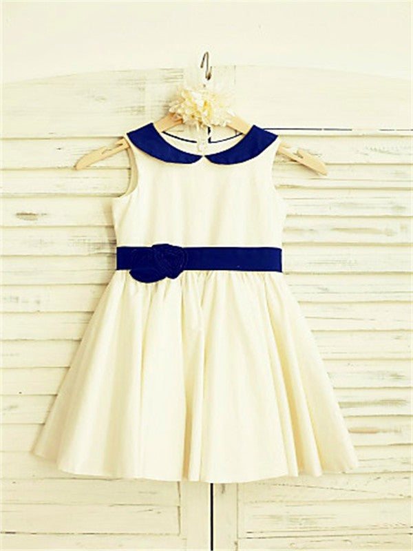 Flower Scoop Sleeveless Satin Tea-Length A-line/Princess Hand-made Flower Girl Dresses