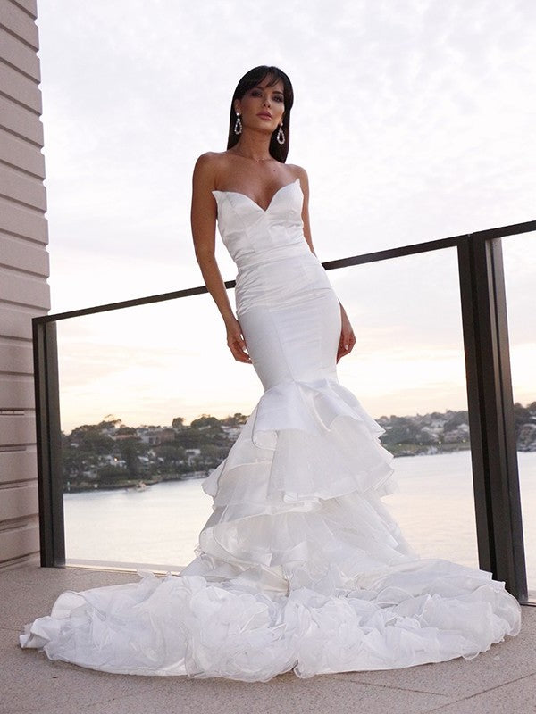 Trumpet/Mermaid Sweetheart Satin Sleeveless Sweep/Brush Layers Train Wedding Dresses