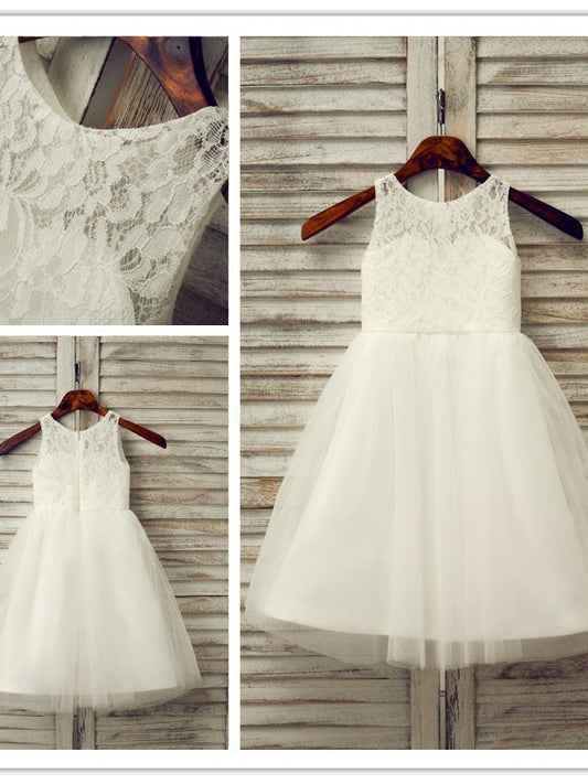 Tea-Length Sleeveless Lace Scoop A-Line/Princess Tulle Flower Girl Dresses