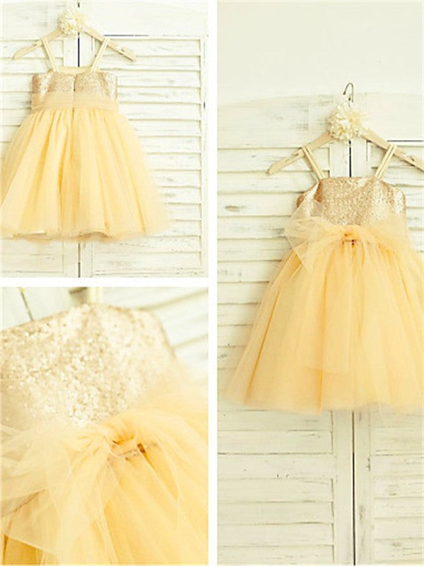 Tulle Sequin Spaghetti Sleeveless Tea-Length A-line/Princess Straps Flower Girl Dresses