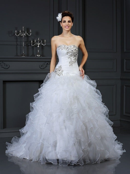 Strapless Beading Sleeveless Long Ball Gown Organza Wedding Dresses