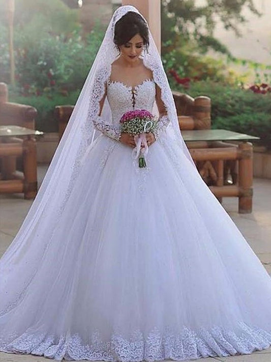 Train Sweep/Brush Sweetheart Long Lace Gown Ball Sleeves Tulle Wedding Dresses