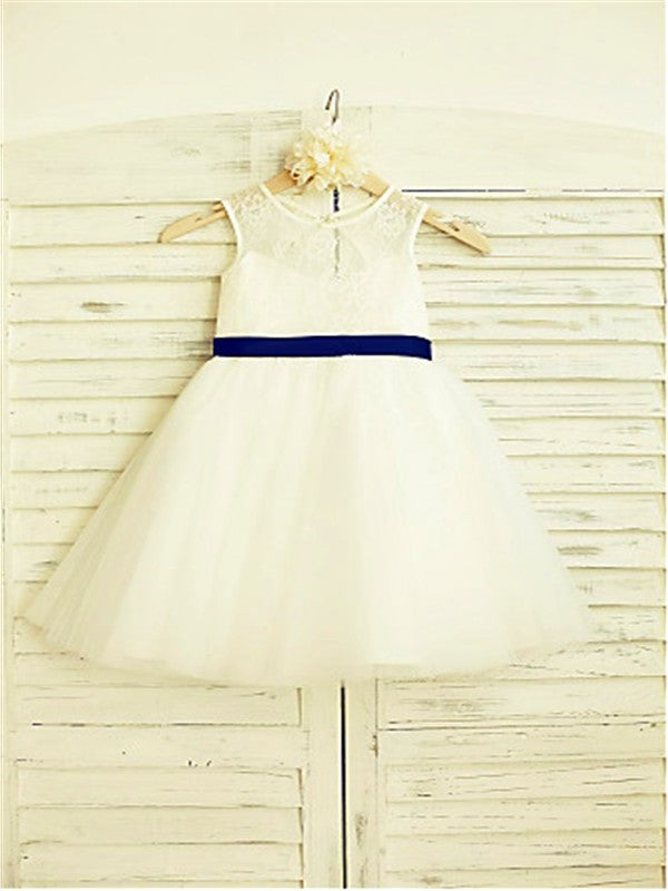 Tea-Length Scoop Bowknot A-line/Princess Sleeveless Tulle Flower Girl Dresses