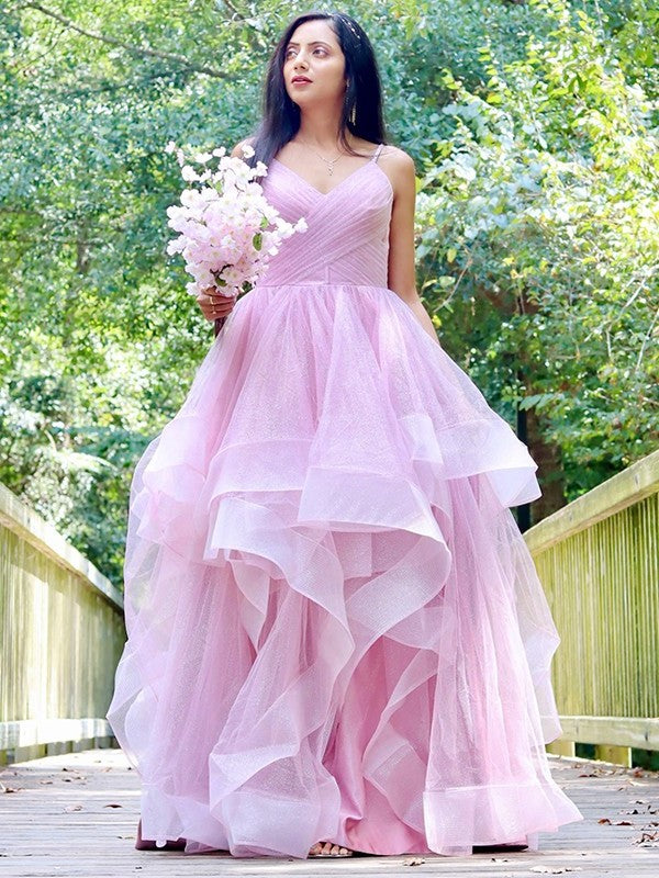 Spaghetti Straps Tulle A-Line/Princess Ruffles Sleeveless Floor-Length Dresses