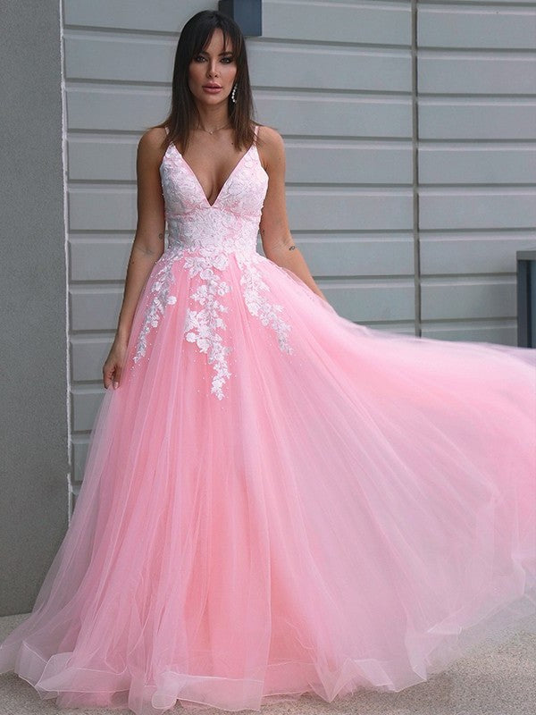 A-Line/Princess Tulle Applique V-neck Sleeveless Floor-Length Dresses