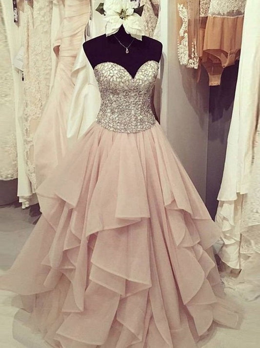 Sleeveless Ball Gown Sweetheart Floor-Length Beading Chiffon Dresses