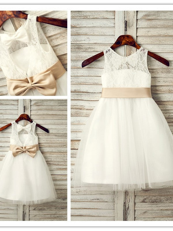 Tulle Bowknot Sleeveless A-Line/Princess Scoop Tea-Length Flower Girl Dresses