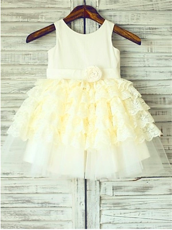 Sleeveless Ball Tea-Length Scoop Lace Gown Layers Flower Girl Dresses