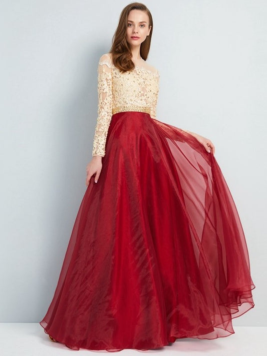 A-Line/Princess Floor-Length Neck Long Sleeves Sheer Applique Organza Dresses