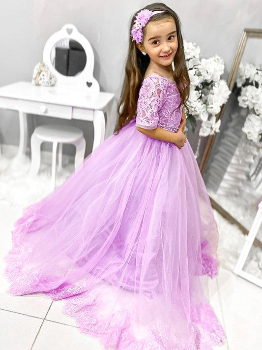 Tulle Sleeves Ball 1/2 Off-the-Shoulder Sweep/Brush Lace Gown Train Flower Girl Dresses