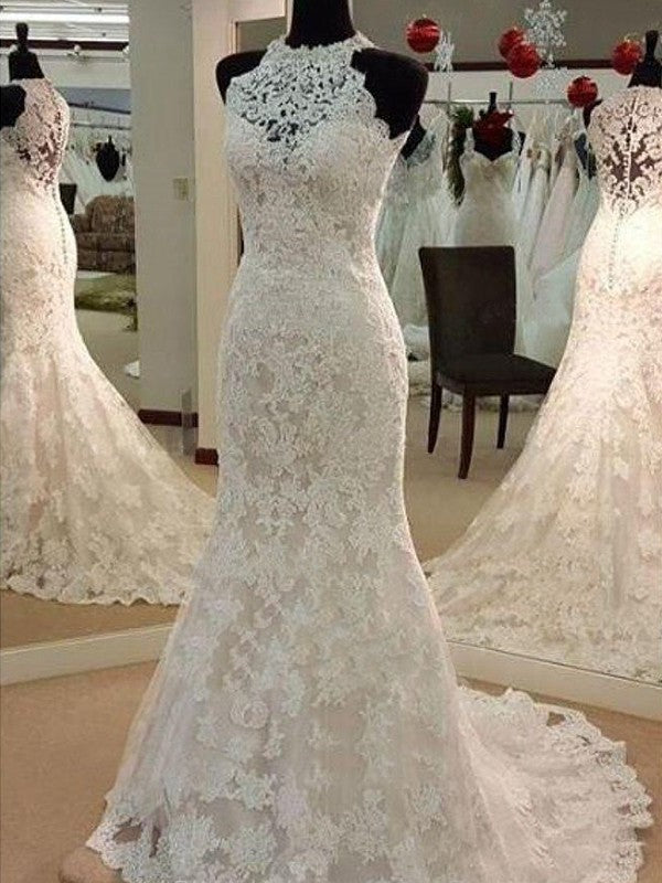 Sleeveless Sweep/Brush Scoop Applique Train Sheath/Column Lace Wedding Dresses