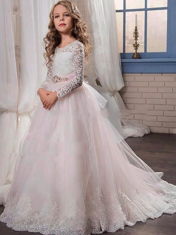 Tulle Lace Long Ball Gown Train Jewel Sleeves Sweep/Brush Flower Girl Dresses