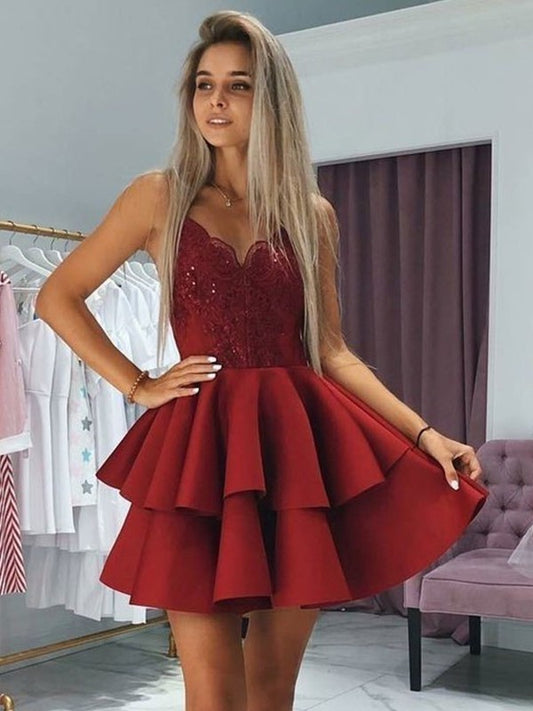 Sleeveless Ruffles A-Line/Princess Spaghetti Satin Straps Short/Mini Homecoming Dresses