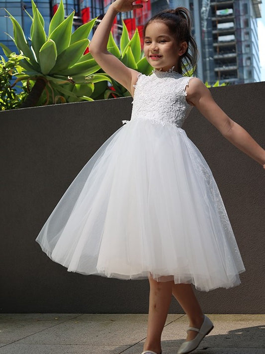 Knee-Length Neck Sleeveless Tulle High A-Line/Princess Lace Flower Girl Dresses