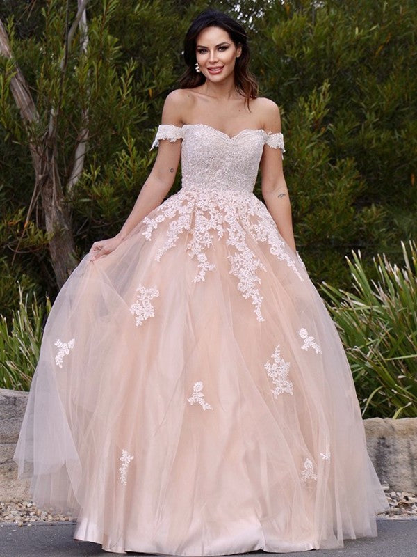 Off-the-Shoulder Applique Tulle A-Line/Princess Sleeveless Floor-Length Dresses