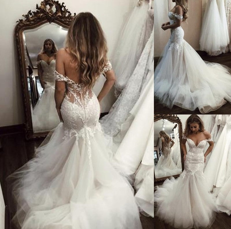 Tulle Trumpet/Mermaid Applique Off-the-Shoulder Sleeveless Sweep/Brush Train Wedding Dresses