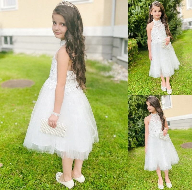 Sleeveless A-Line/Princess Halter Knee-Length Tulle Lace Flower Girl Dresses