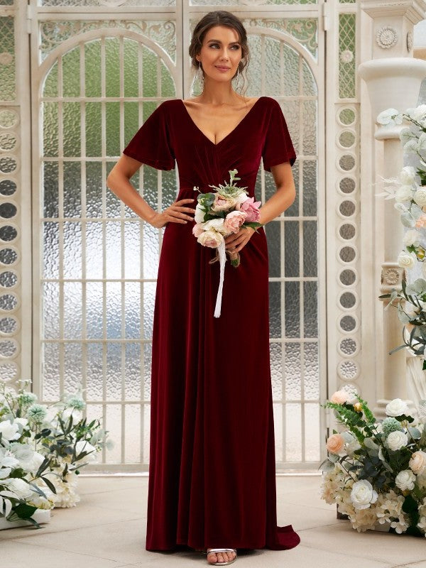 Sweep/Brush Velvet Ruched Sleeves A-Line/Princess V-neck Short Train Bridesmaid Dresses