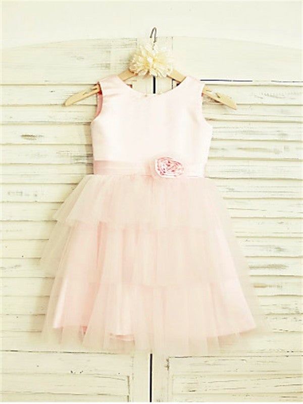 Tulle Hand-made Tea-Length A-line/Princess Sleeveless Flower Scoop Flower Girl Dresses