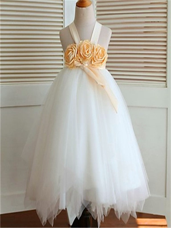 Ball Tea-Length Hand-made Straps Tulle Sleeveless Gown Flower Flower Girl Dresses