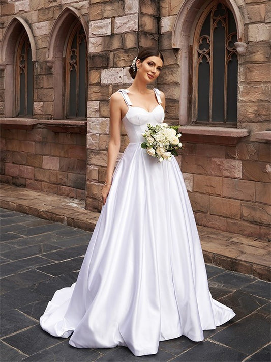 Straps A-Line/Princess Ruffles Satin Sleeveless Sweep/Brush Train Wedding Dresses