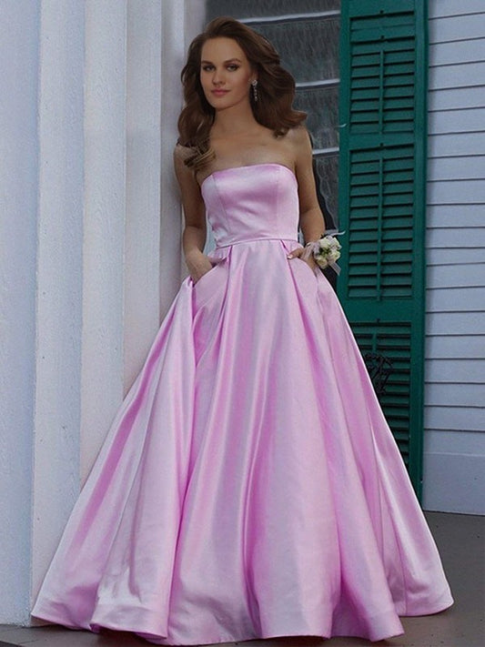 A-Line/Princess Sleeveless Floor-Length Strapless Ruffles Satin Dresses