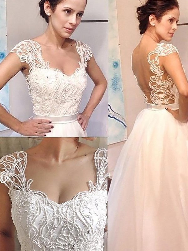 Sweetheart A-Line/Princess Sweep/Brush Train Tulle Sleeveless Wedding Dresses