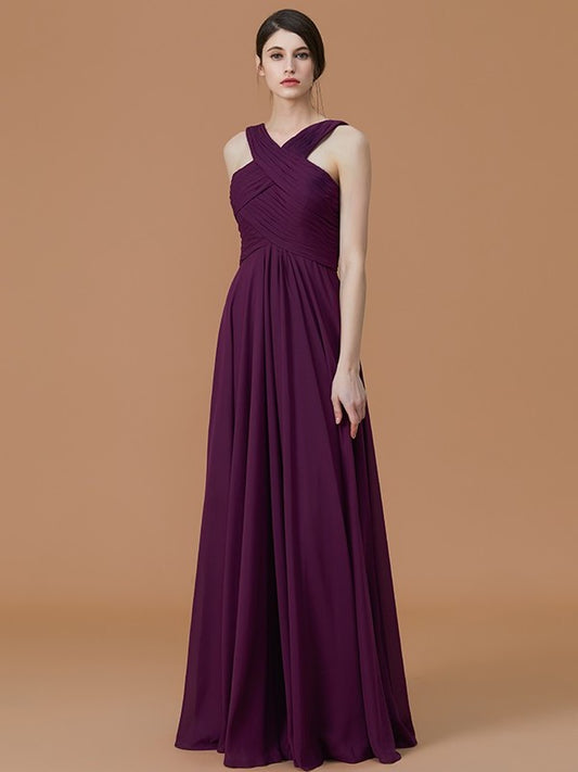 Floor-Length A-Line/Princess Sleeveless Halter Ruched Chiffon Bridesmaid Dresses