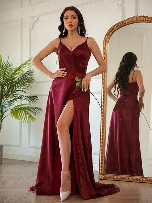 Silk Satin V-neck like Ruched Sleeveless A-Line/Princess Sweep/Brush Train Dresses