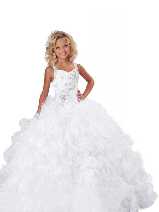 Beading Sleeveless Ball Long Straps Organza Gown Flower Girl Dresses