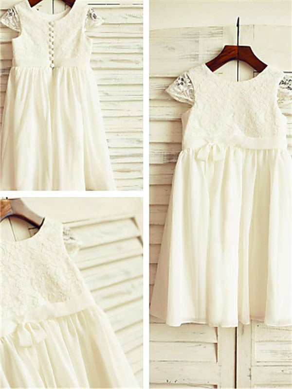 Lace Chiffon Sleeves Short Tea-Length Scoop A-line/Princess Flower Girl Dresses