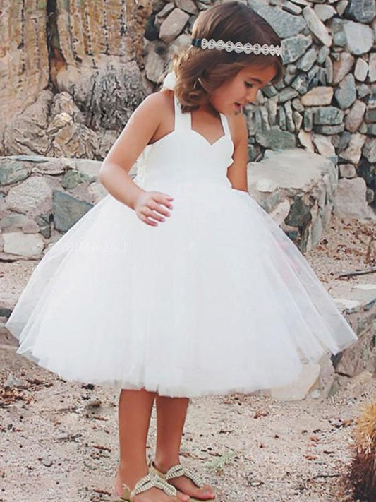 Halter Tea-Length A-Line/Princess Ruffles Sleeveless Tulle Flower Girl Dresses