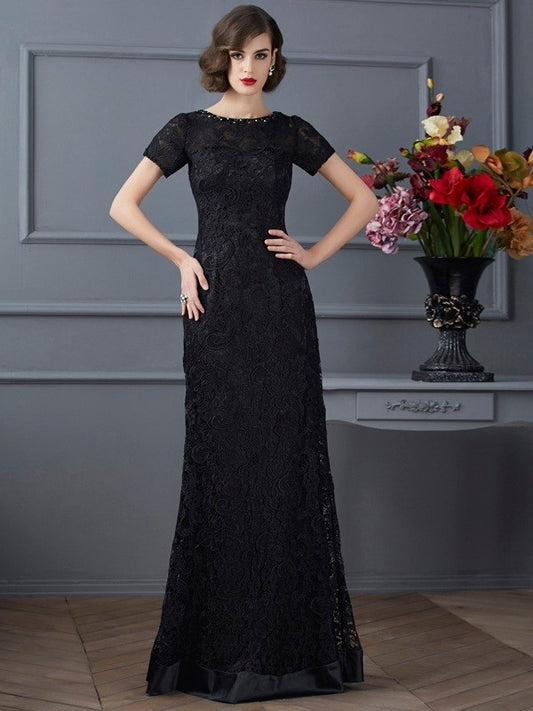 Long Neck Sleeves Lace High Elastic Short Sheath/Column Woven Satin Dresses