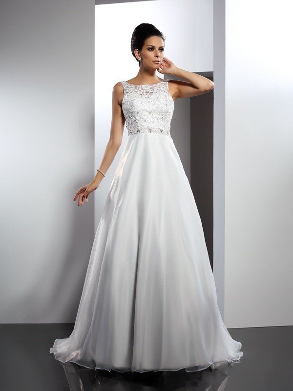 A-Line/Princess Sleeveless Long Ruffles Scoop Satin Wedding Dresses