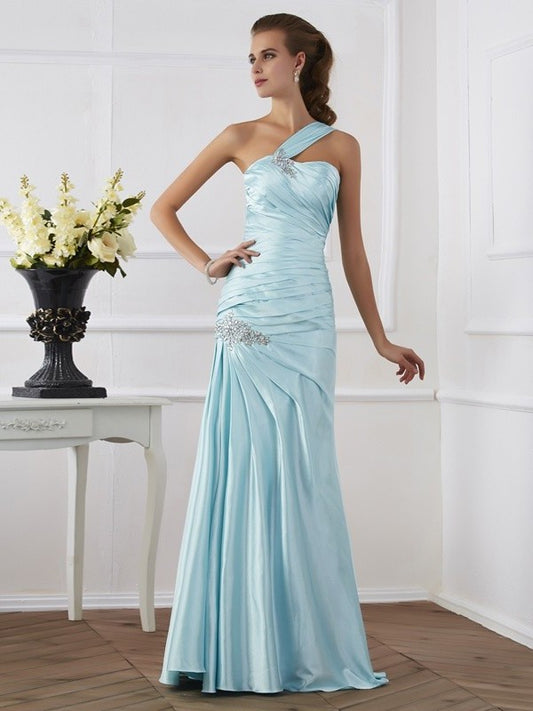 Long Sleeveless Elastic Ruched One-Shoulder Trumpet/Mermaid Woven Satin Dresses