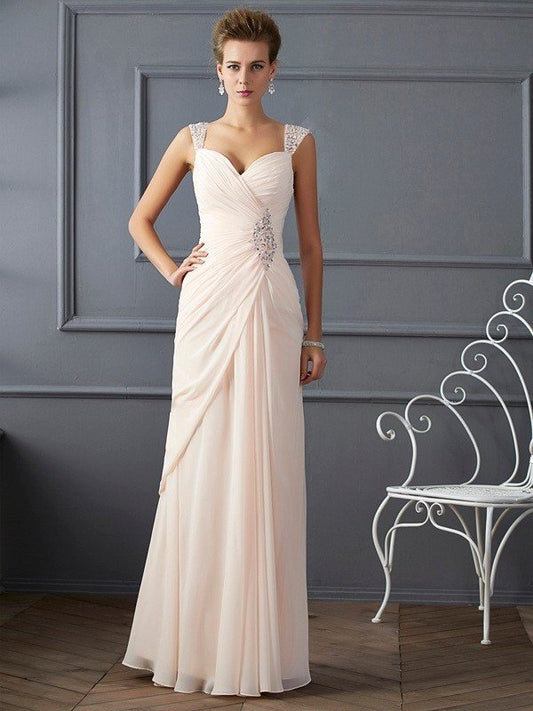 Sleeveless Sheath/Column Beading Straps Long Chiffon Dresses