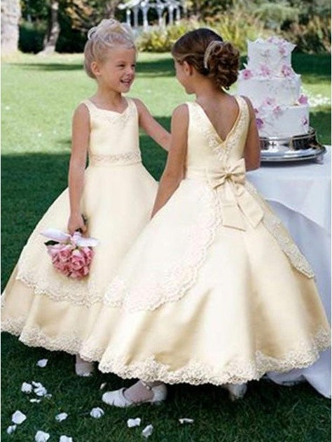 Bowknot Gown Sleeveless Satin Ball Scoop Long Flower Girl Dresses