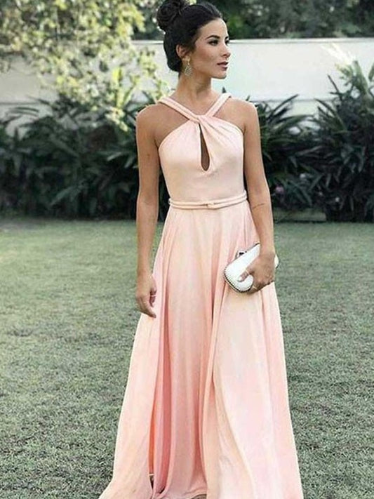 Halter Sleeveless Floor-Length A-Line/Princess Ruched Chiffon Dresses