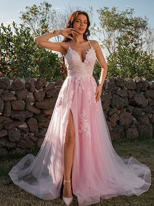 Sleeveless Applique Tulle A-Line/Princess V-neck Sweep/Brush Train Dresses